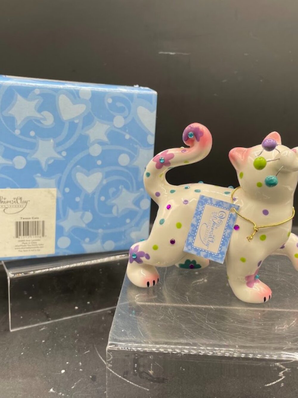 2005 Amy Lacombe Whimsiclay Jennah #11008 Rhinestone Spotted Cat in Box